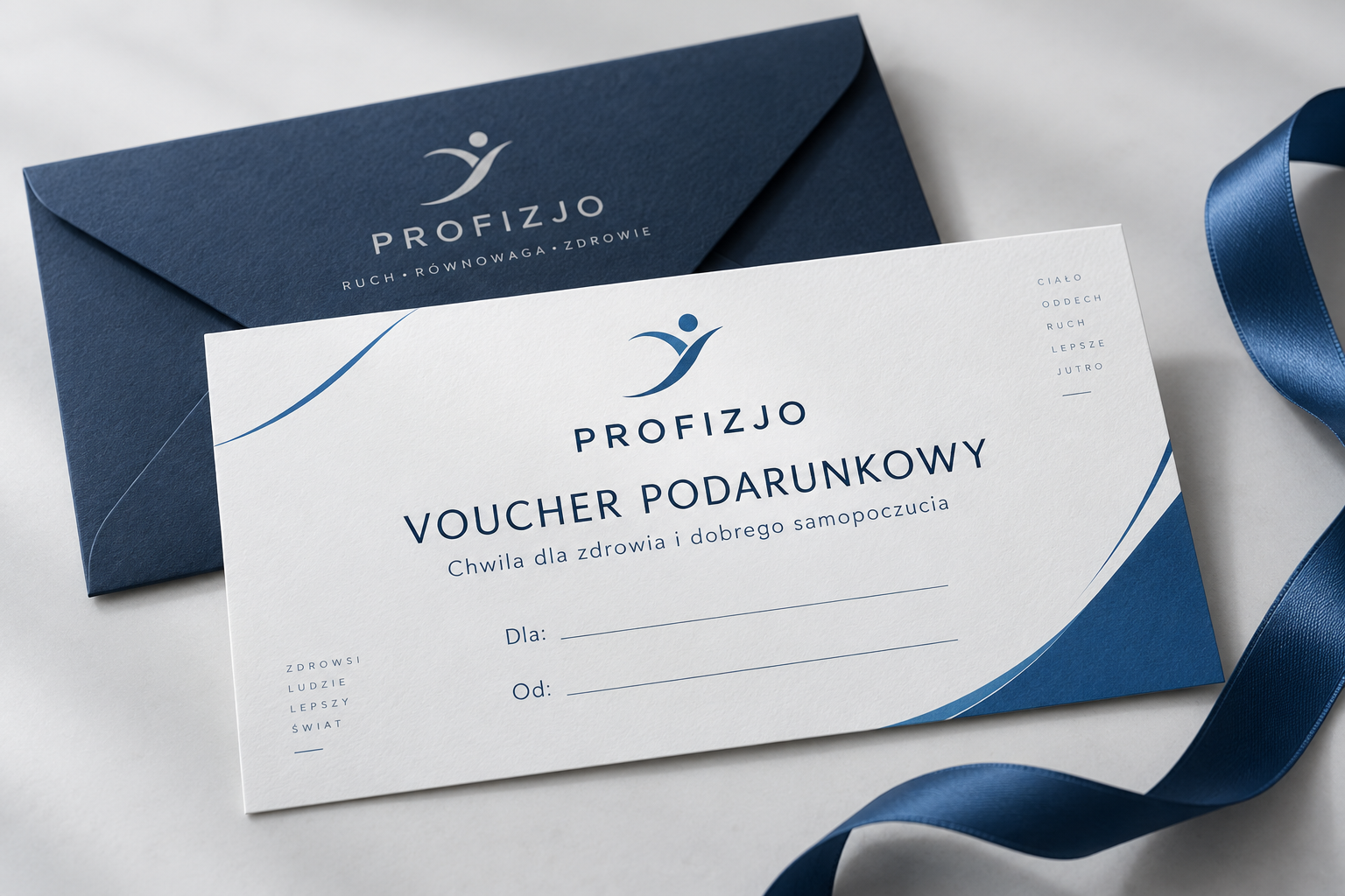 Voucher podarunkowy Profizjo w biało-granatowej oprawie